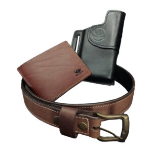 38mm Tactical Lite Leather Belt & Leather Bi-Fold Wallet & Vertical Cell phone Open Pouch Combo